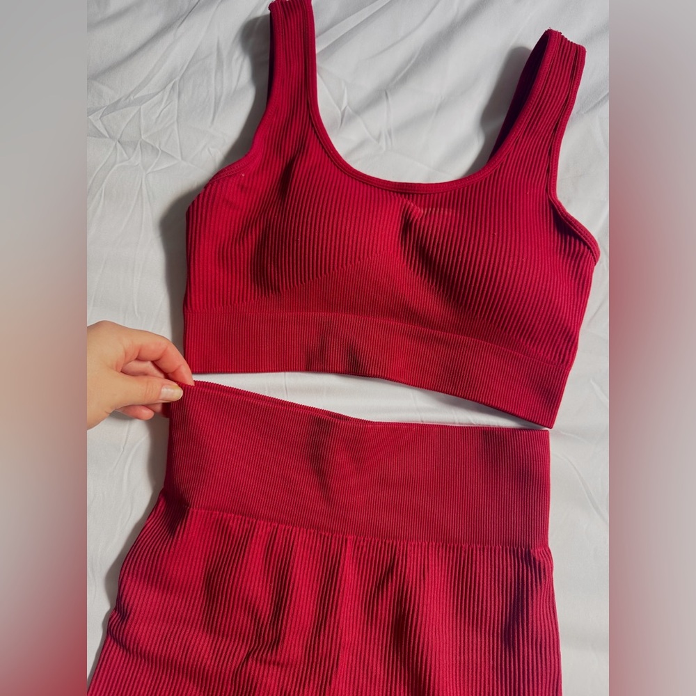 Red Ribbed Two-Piece Set - Picture 2 of 6